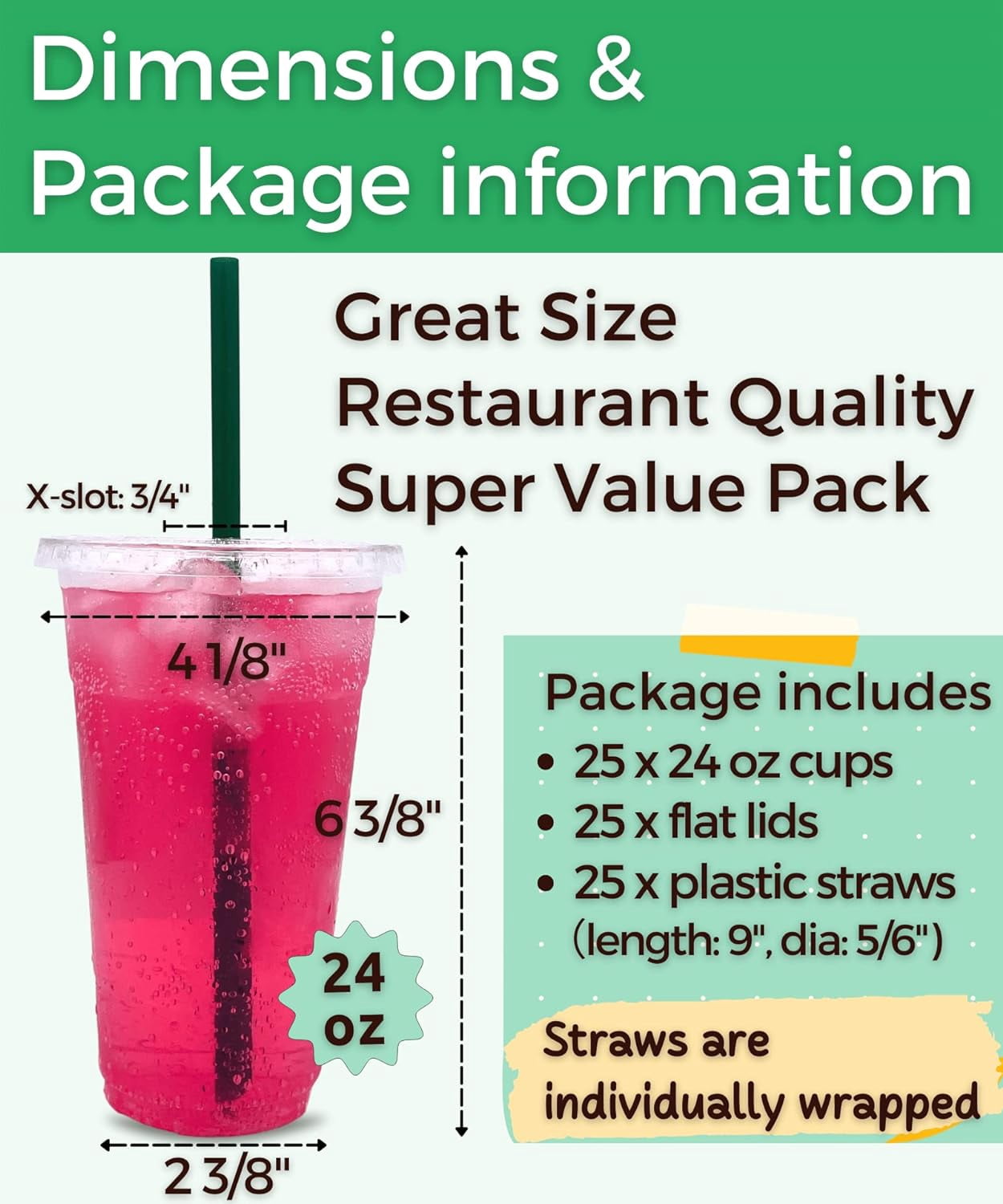 JJEAN-24 oz Clear Plastic Cups with Lids and STRAWS, Disposable Party Cups for To Go Iced Coffee Cold Drinks, Smoothie, Juice, Parfait, Frappuccino, Milkshake. No Leaking Fruit Cup, 25 Sets