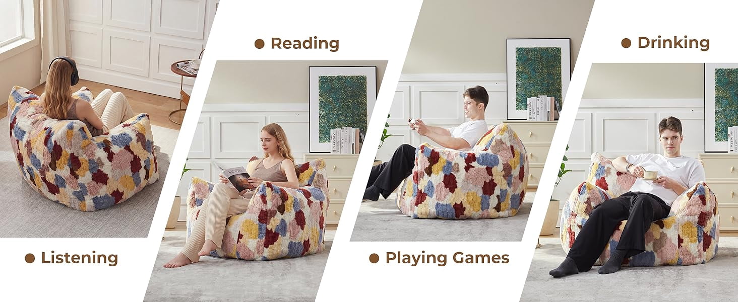 Ebenchico Giant Bean Bag Chair for Adults Teens, Large Bean Bag Couch Sofa with Armrests, Comfy Fuzzy BeanBag Chairs with Filling, Rainbow
