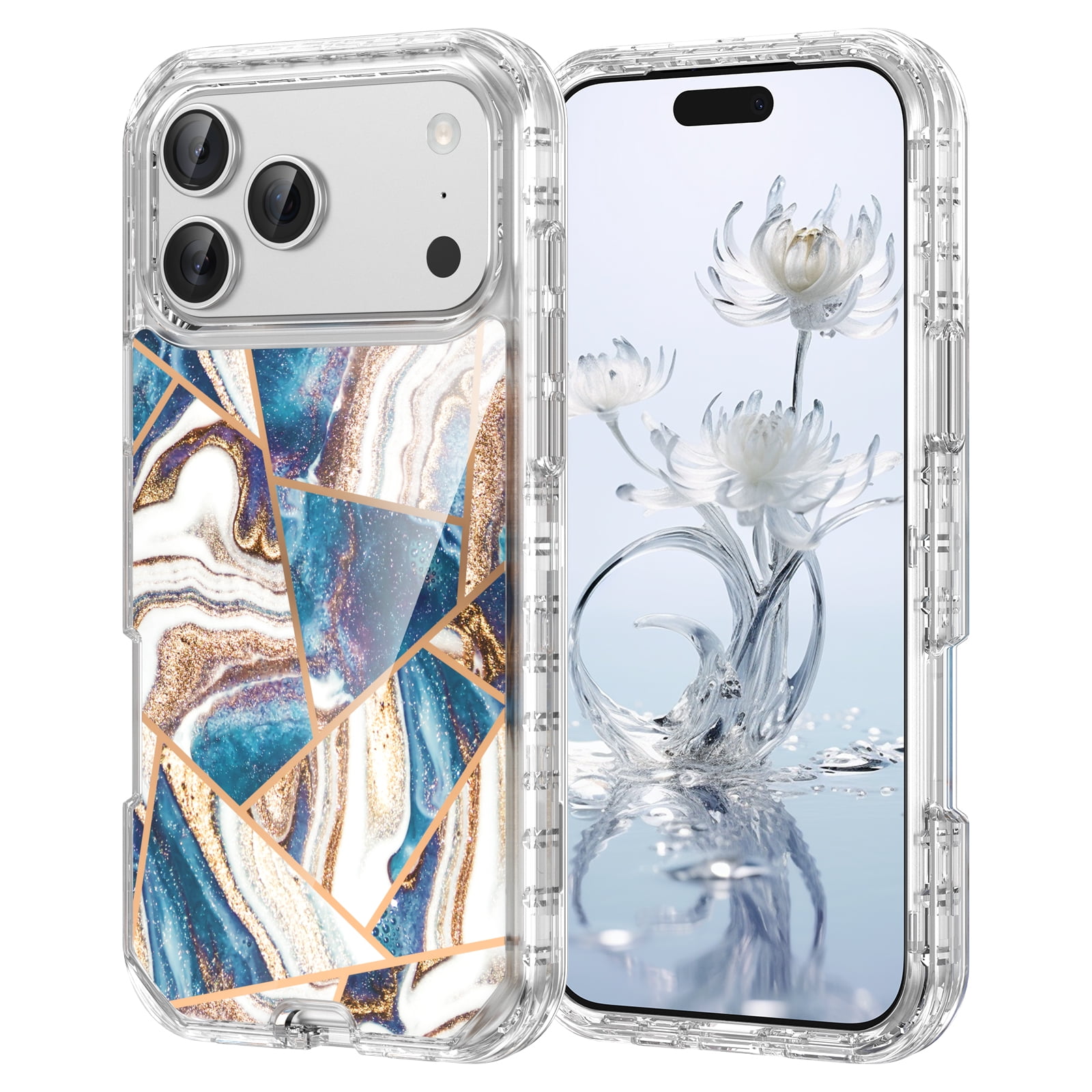 Marble Pattern Case for iPhone 17 Pro Max,Cute Heavy Duty 3 in 1 Full Body Shockproof Hard PC+Soft Silicone TPU Bumper Drop Protective Stylish Women Girls Phone Case Cover,Grid Blue Marble