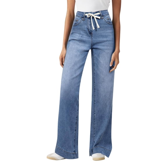 Soft Stretch Wide Leg Denim Trousers for Women Mid Rise Drawstring Tie Waist Relaxed Full Length Jeans