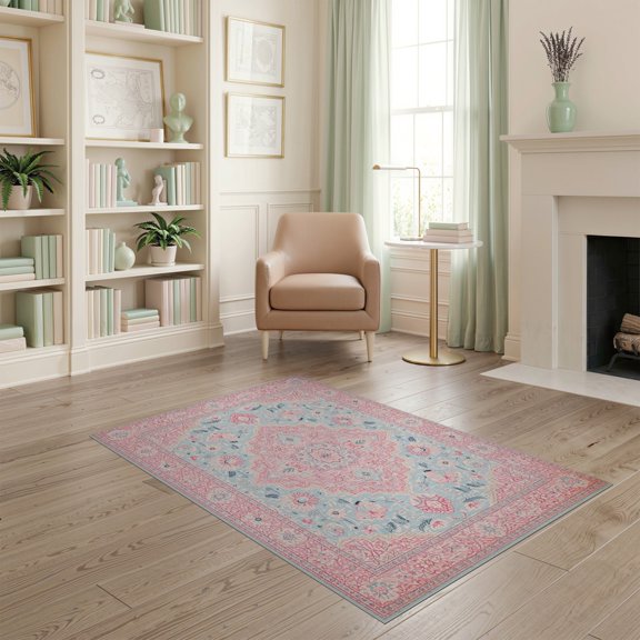 ODIKA 4'x6' Pink Lattice Boho Center Scroll Trellis Border Damask Vintage Washable Area Rug None for Bedroom, Reading Nook, Pet Friendly & Non-Shedding