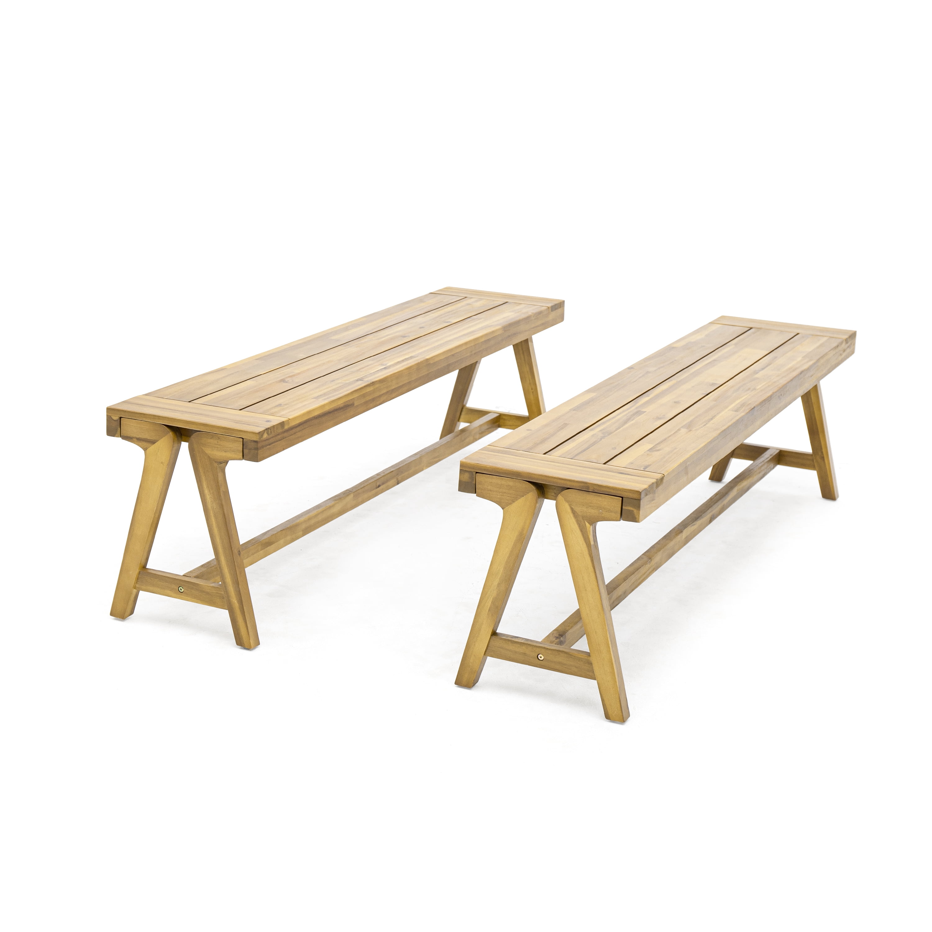 Dining Benches Set of 2, Outdoor Acacia Wood Patio Bench for Garden Deck, Teak