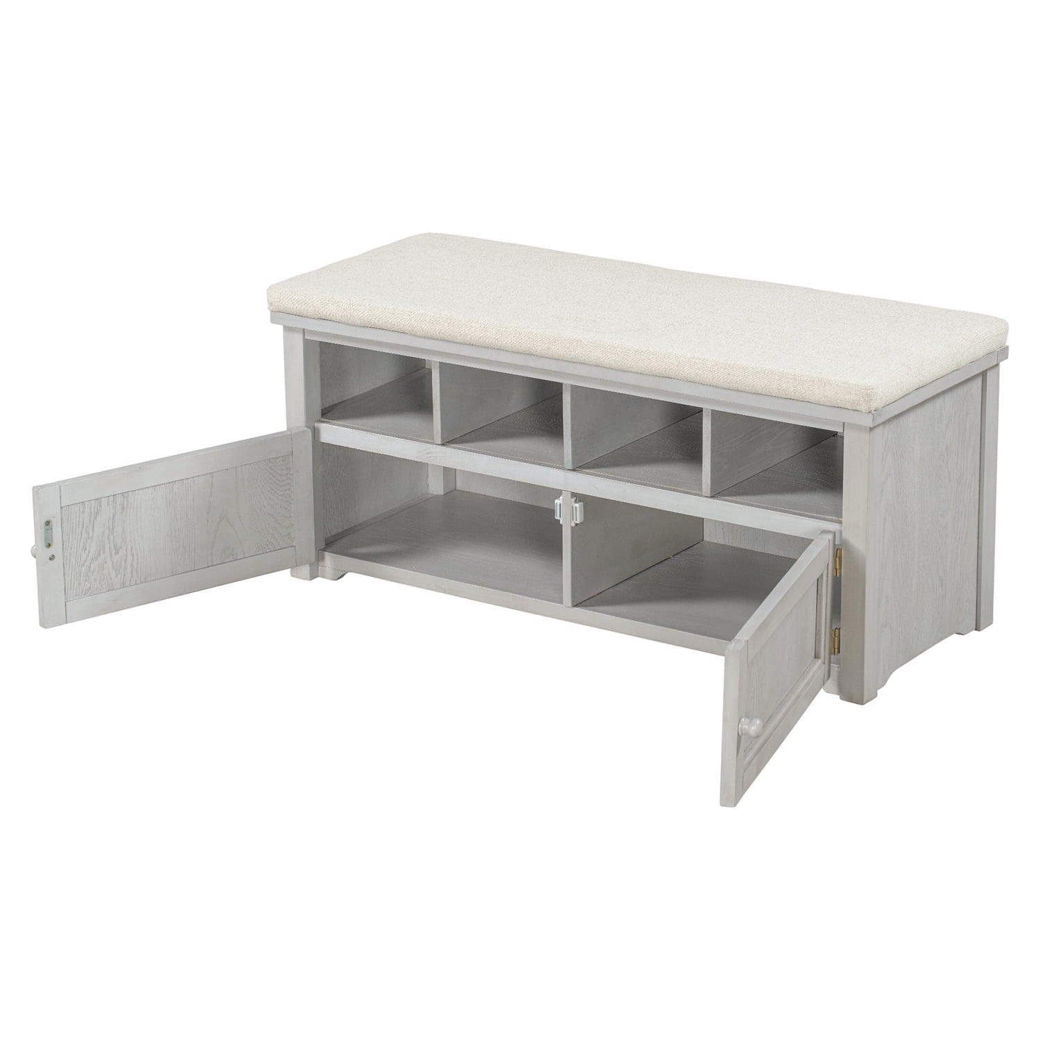 Kadyn Rustic Style Two-Door Storage Bench, Shoe Entryway Bench with Linen Upholstered Top Cushion, Pine Organizer Footrest Bench Ottoman for Entryway, Gray Wash Kadyn Rustic Style Two-Door Storage Bench, Shoe Entryway Bench with Linen Upholstered Top Cushion, Pine Organizer Footrest Bench Ottoman for Entryway, Gray Wash