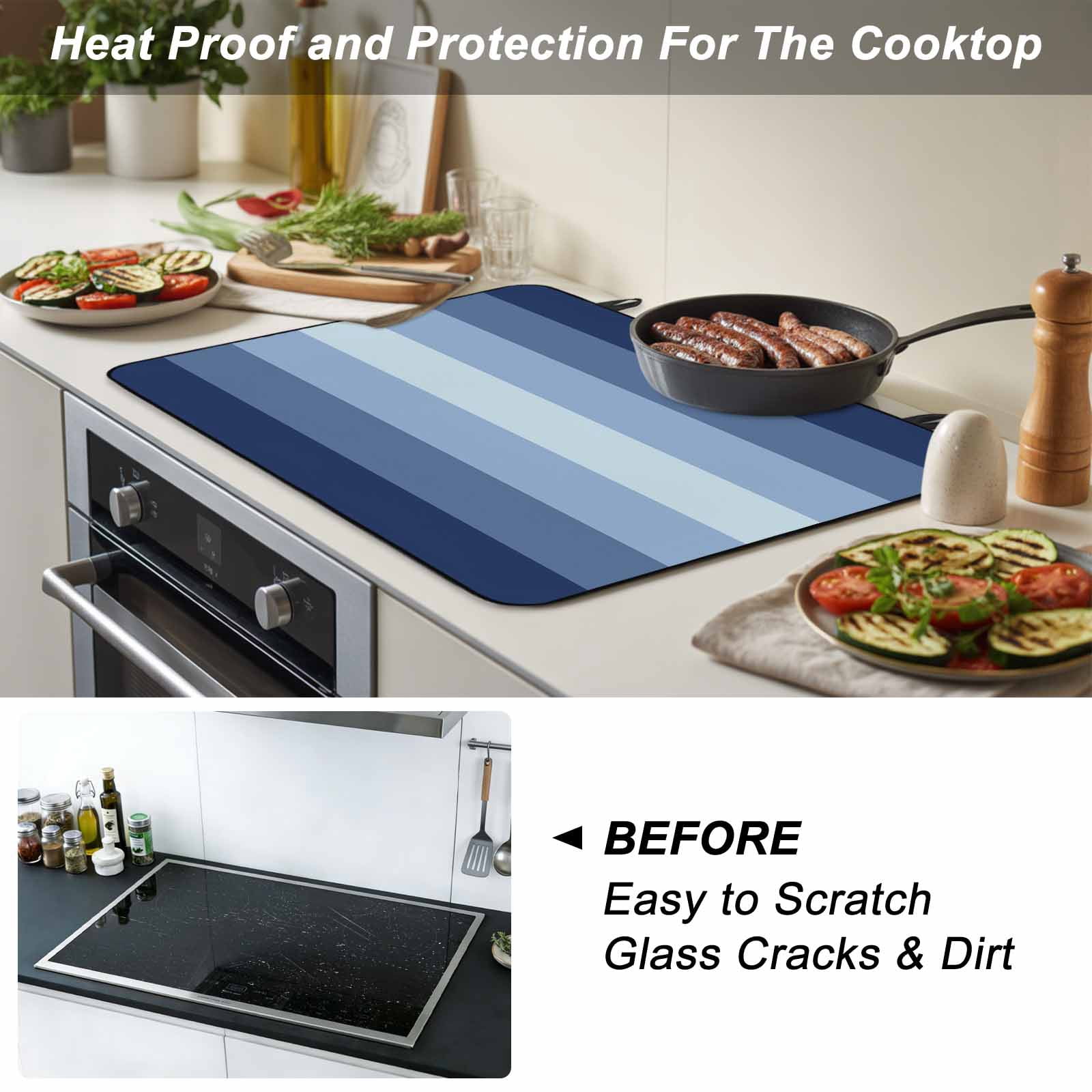 Navy Blue Ombre Stove Top Cover for Electric Stove, Heat-proof & Non Slip Glass Top Stove Cover Protector, Gradient Navy Blue Woods Farmhouse Kitchen Flat Cooktop Rubber Mat 36x21 Inches