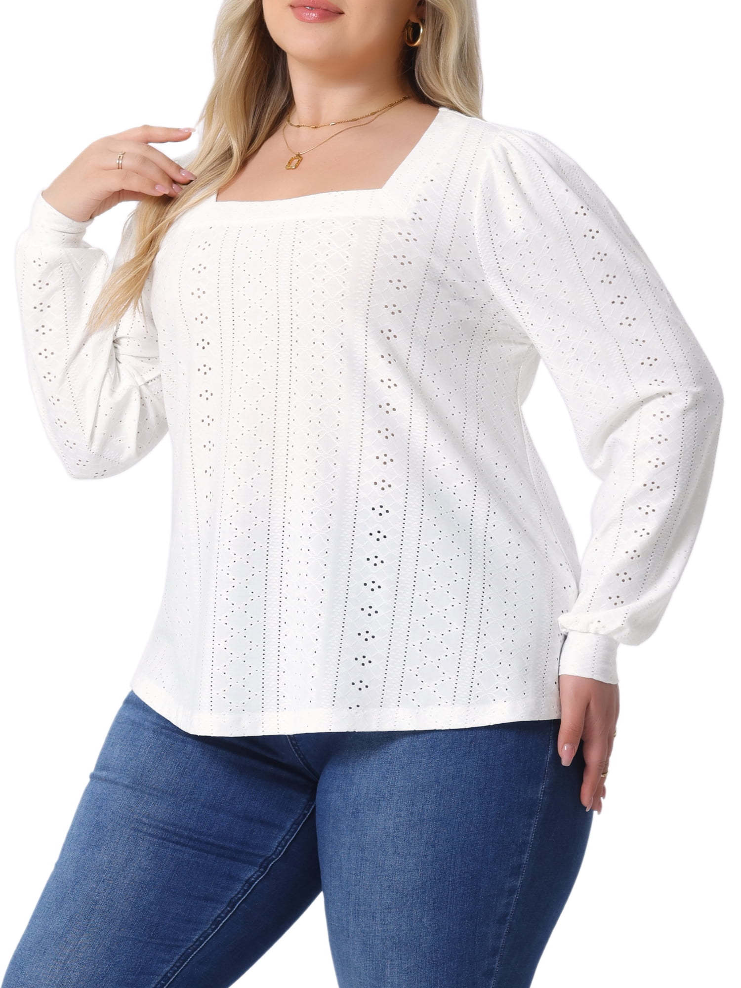 DARING DIVA Women's Plus Square Neck Hollow Dressy Casual Eyelet Shirts 2X White