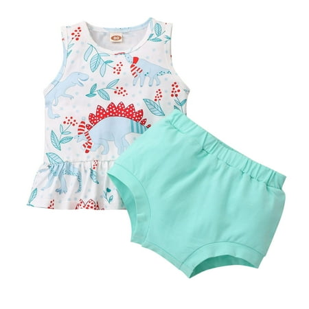 

Baby Sleeveless Girls Dinosaur Tops+Solid Shorts Sets Clothes