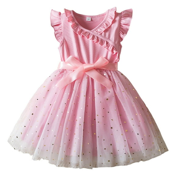 2DXuixsh Girls Formal Dress Flower Girl Dresses for Wedding Party Toddler Girl Tulle Dress Summer Ruffle Sleeveless Baby Girl Fashion Casual Dresses Pink Size L