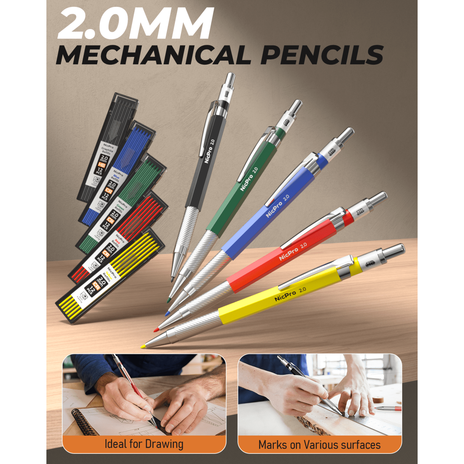 Nicpro 27 Pack Carpenter Pencils for Woodworking, Construction Mechanical Pencil with 100 Refill, Automatic Center Punch and Carbide Scribe Carpenter Tool, Construction Pencil