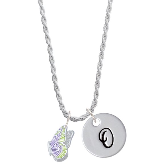 Delight Jewelry Silvertone Translucent Purple & Lime Green Flying Butterfly Silvertone Script Initial Disc - O - Charm Necklace, 20"+3"