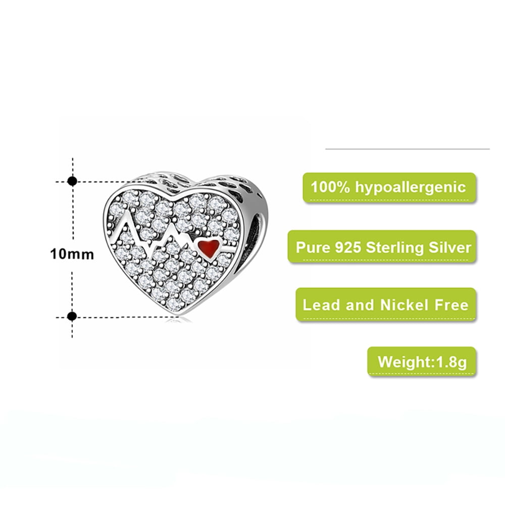 Heartbeat Love Heart Bead Charm Clear Cubic Zirconia Sterling Silver Womens Ginger Lyne Collection