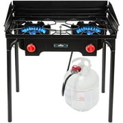 Hike Crew Cast Iron Double-Burner Outdoor Gas Stove | 150,000 BTU Portable Propane-Powered Cooktop with Removable Legs, Temperature Control Knobs, Wind Panels, Hose, Regulator & Storage Carry Case