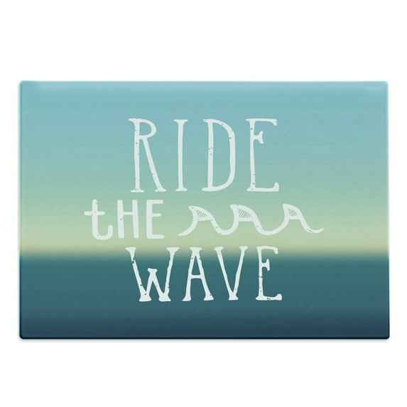 Ride the Wave Cutting Board, Ride the Wave Words with Ocean Horizon Background Graphic Art, Decorative Tempered Glass Cutting and Serving Board, Large Size, Mint Green Petrol Blue, by Ambesonne