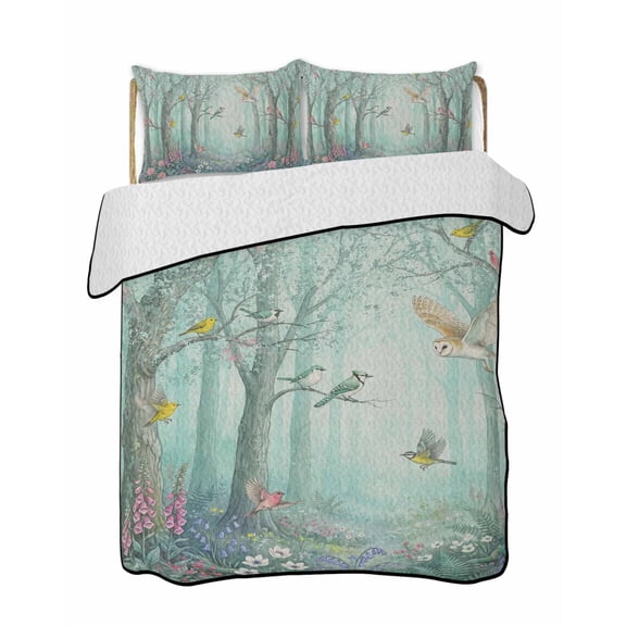 Quilts Twin Size Bedding Set, Watercolor Forest Birds Lightweight Quilted Comforter, Green Trees Seasonal Floral Soft Reversible Bedspread Coverlet with Pillow Covers for All Season, 68" x 86"