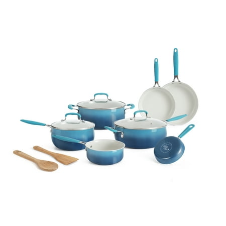 The Pioneer Woman 12-Piece Classic Belly Ceramic Cookware Set, Porcelain Enamel, Ombre Teal