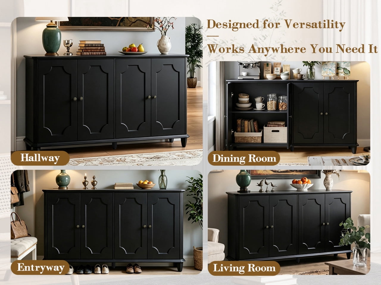 Vintage Farmhouse Buffet Sideboard Cabinet, 4 Embossed-Door Storage Cupboard, Versatile Cabinet with Adjustable Shelf