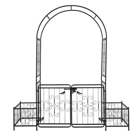 Alvantor Iron Garden Arch with Double Gate and Planter Frames,86.2 in H x 78 in L,Powder-Coated,Black