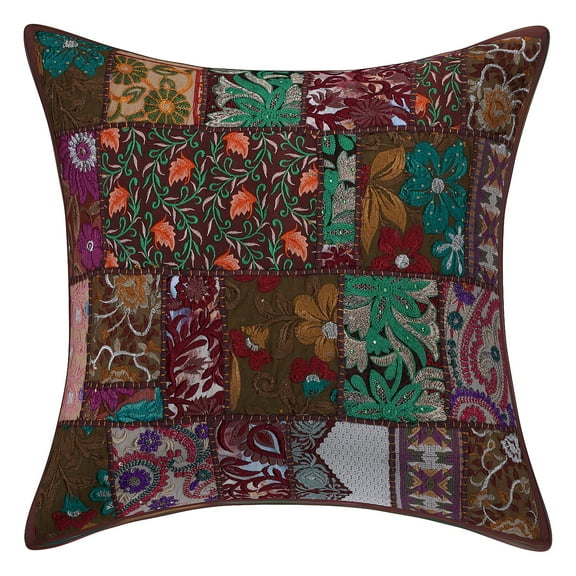 Stylo Culture Indian Cotton Decorative Throw Pillow Sham Cover Dark Brown 20x20 Bohemian Vintage Patchwork Indian Couch Cushion Cover 50 x 50 cm Home Decor Abstract Square Pillowcase | 1 Pc