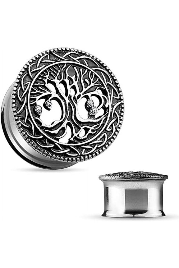 One Pair 316L Surgical Steel Tree of Life Double Flared Ear Gauge Plugs  (9/16" (14mm)