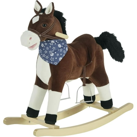 GFNXYI Plush Ride-On Rocking Horse Toy - Realistic Sound Effects & Soft Fabric for Kids Ages 3-6 Years (Brown Cowboy Rocker, 29"L x 18"W x 24"H)