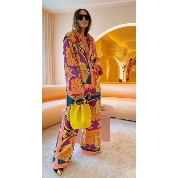 Divamo - Two-Piece Casual Outfit Set Floral Print Button Down Shirts Wide-Leg.