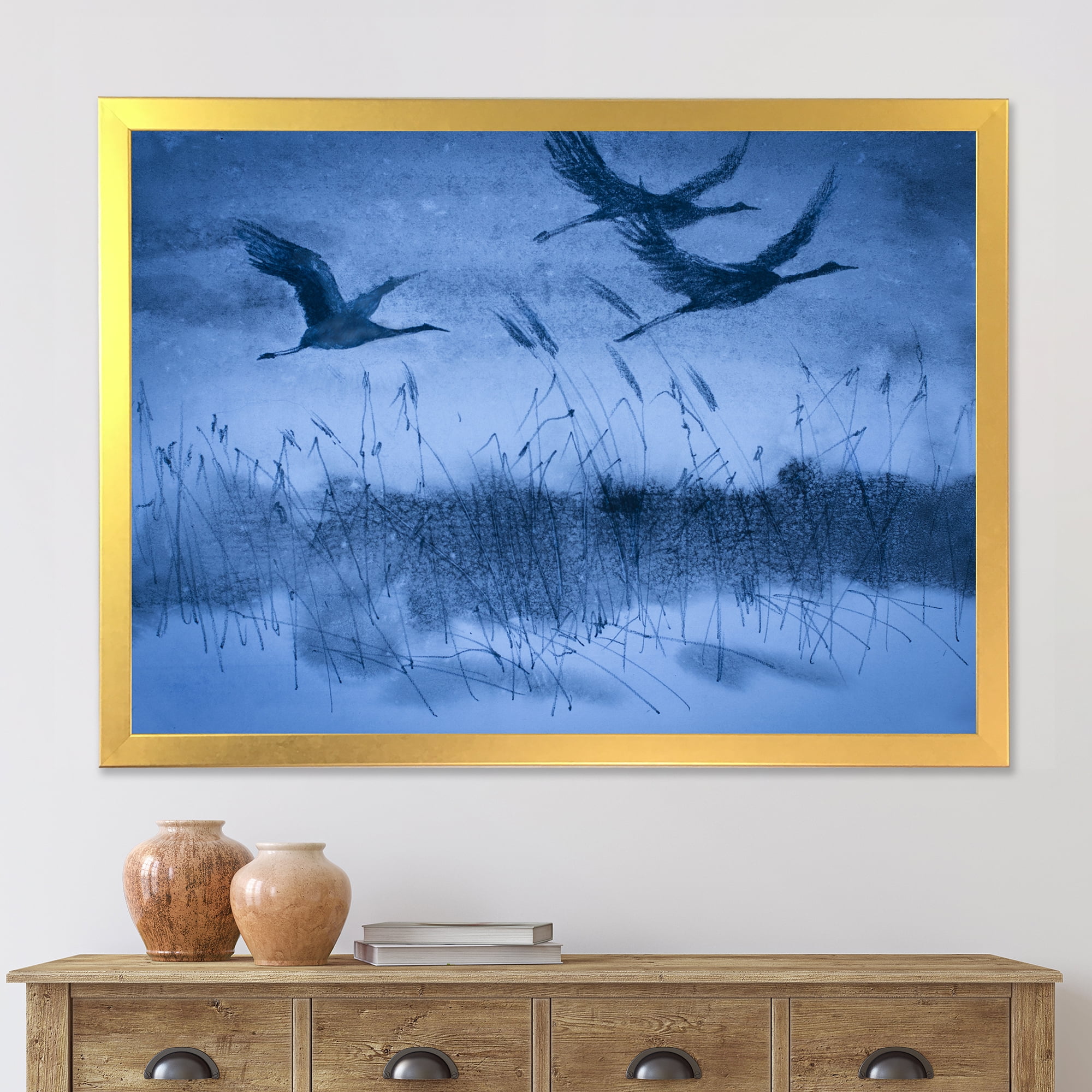 Designart 'Cranes In Flight During Blue Evening Light' Traditional Framed Art Print