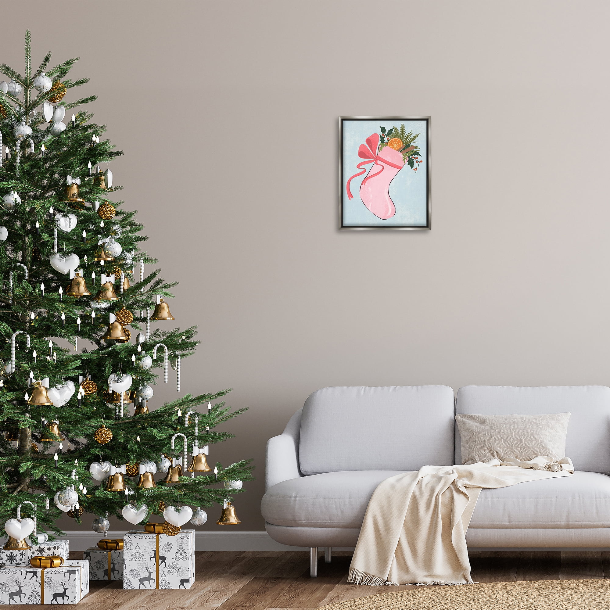 Stupell Industries Pink Filled Holiday Stocking Holiday Painting Gray Floater Framed Canvas Art Prints Wall Art, 17 x 21