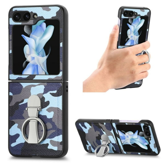 Camouflage Case for Samsung Galaxy Z Flip 5 with Ring Kickstand Leather Shockproof Business Bracket Cover-Blue