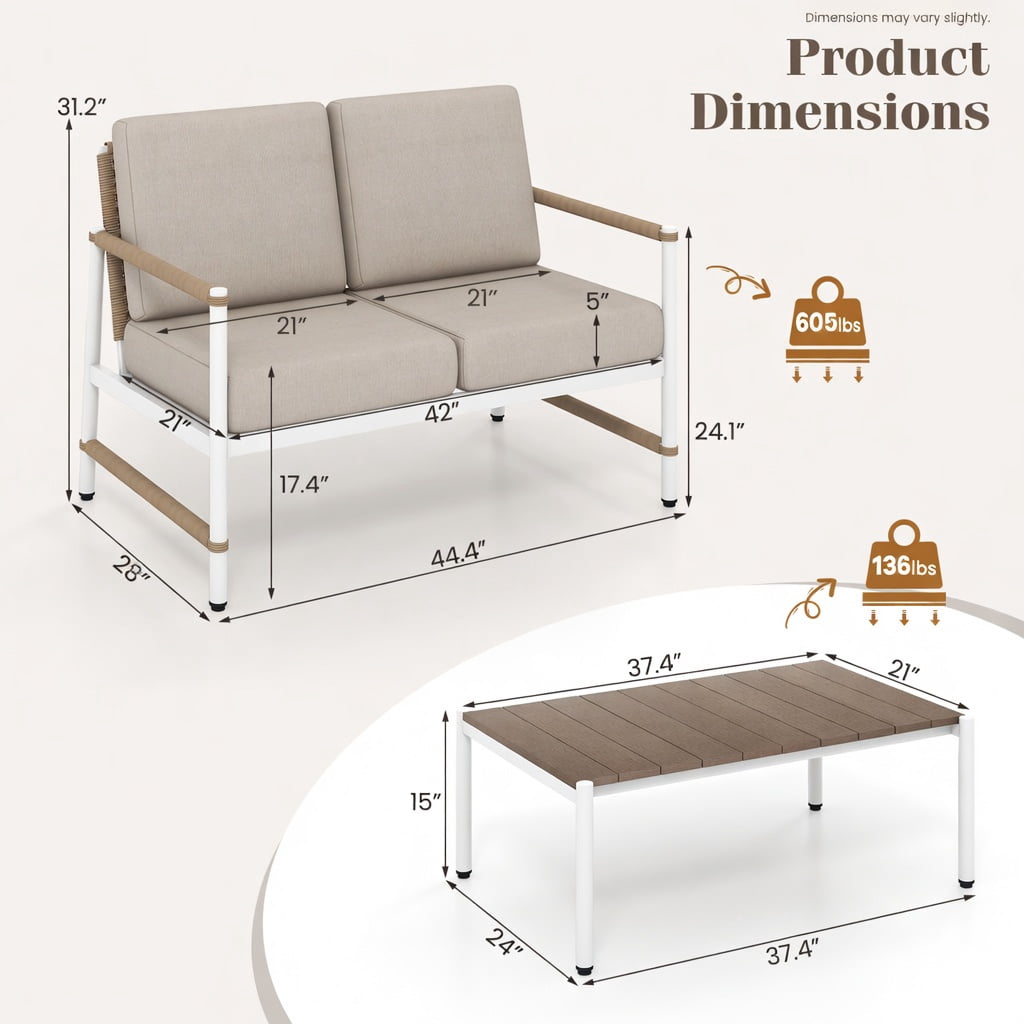 Hommoo Outdoor Patio Loveseat Sofa & Coffee Table Set, Rust-Resistant Aluminum Frame, Thick High-Density Cushions, Modern PE Rattan Design for Backyard, Poolside & Balcony, Gray