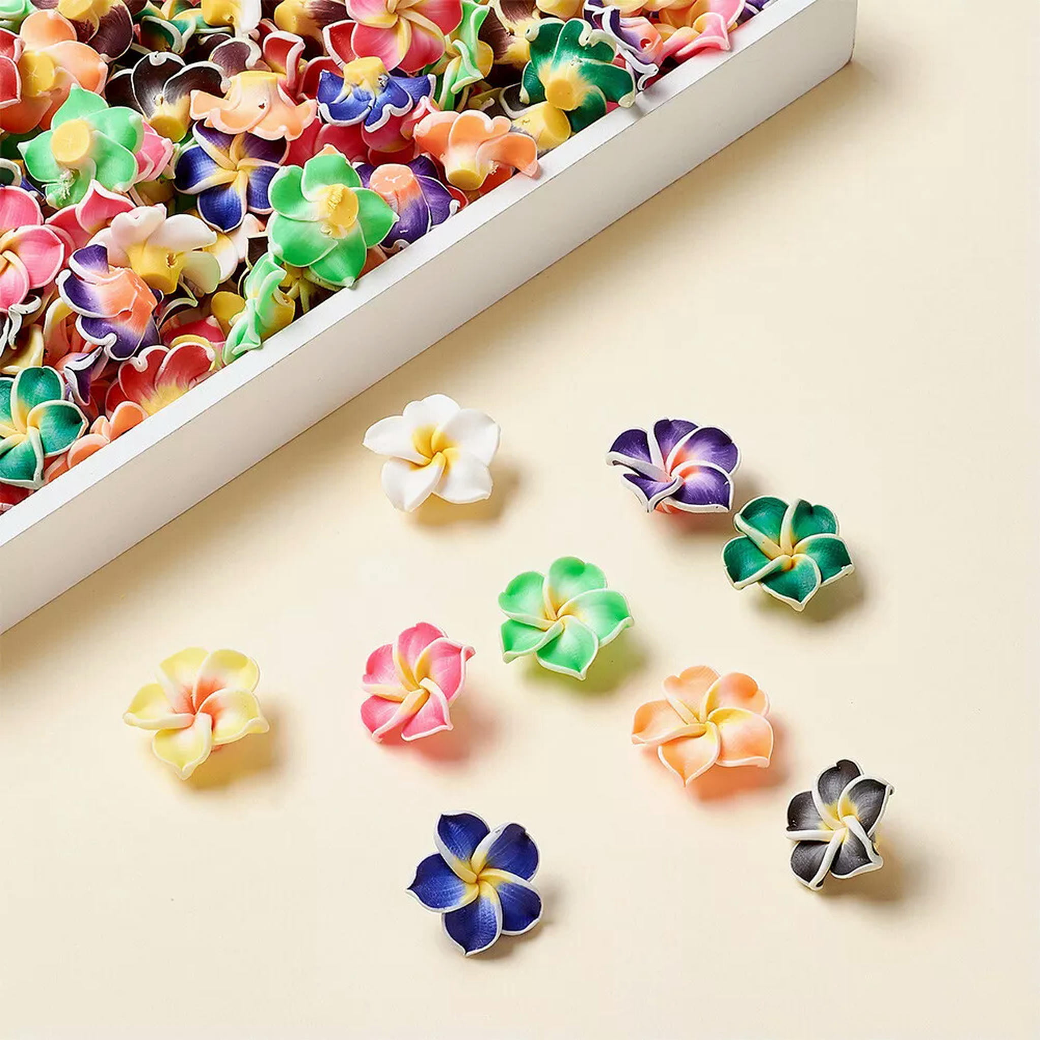 U8MO 200pcs Handmade Polymer Clay 3D Flower Plumeria Beads Mini Spacer Craft 20x10mm