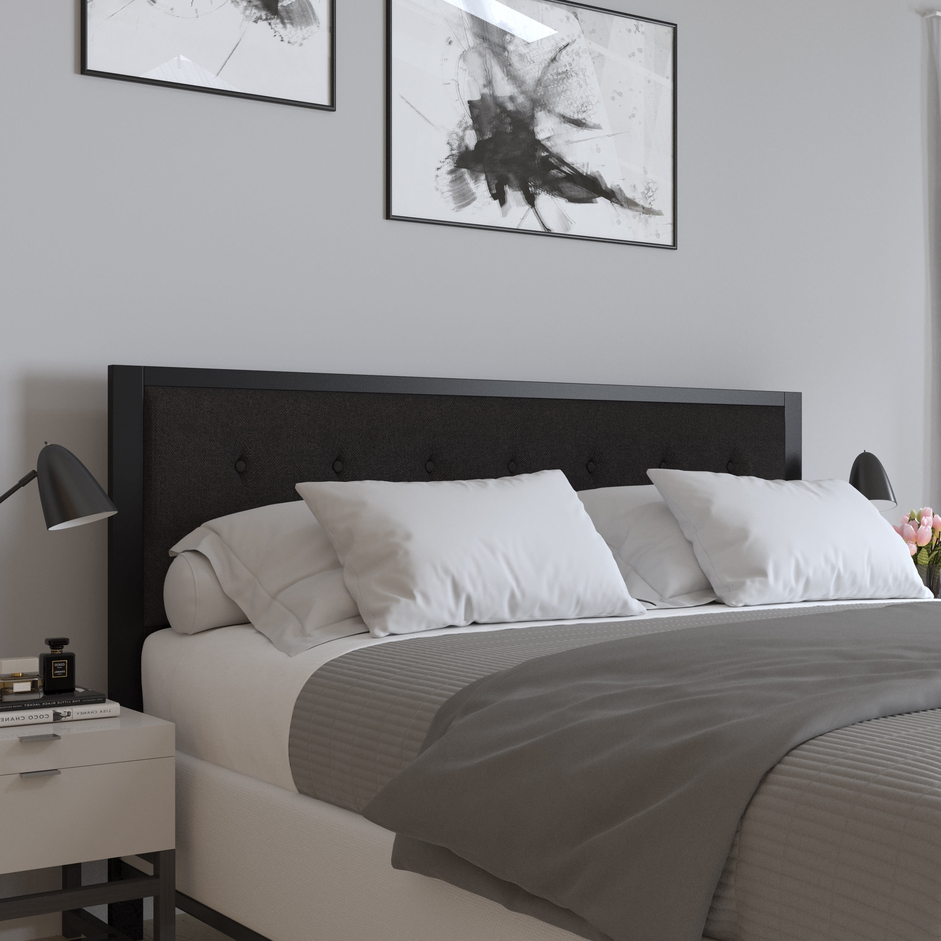 Merrick Lane King Size Headboard Black Fabric Upholstered Button Tufted