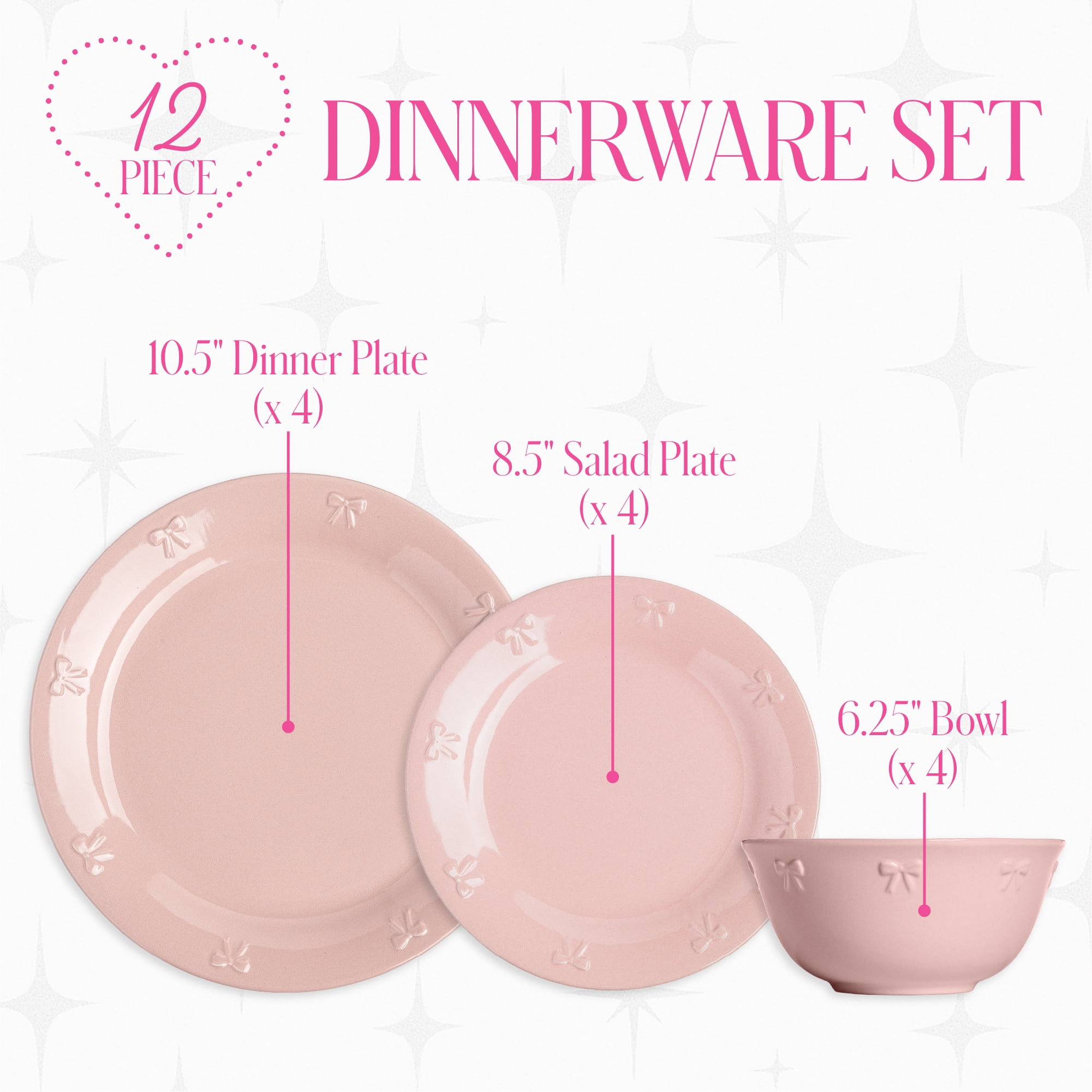 Paris Hilton London Collection 12-Piece Stoneware Dinnerware Set, Plates & Bowls Dish Set, Service for 4, Microwave & Dishwasher Safe, Blush Pink with Bow Design