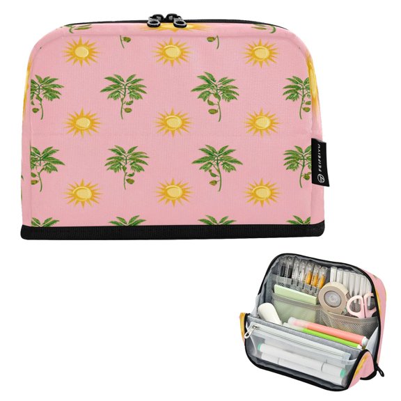 Pencil Bag with Magnetic Foldable Base Large Capacity Stand-Up Pencil Case Durable Nylon Pen Pouch Green Palm Tree Pattern