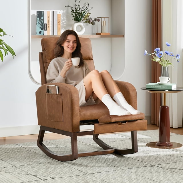 GloryStar Rocking Chair Nursery, Nursing Rocking Chairs with Foot Rest for Mom Nursery, Rocker Glider Chair with High Backrest for Living Room, Bedroom, Upholstered Lounge Chair with Solid Wood Base
