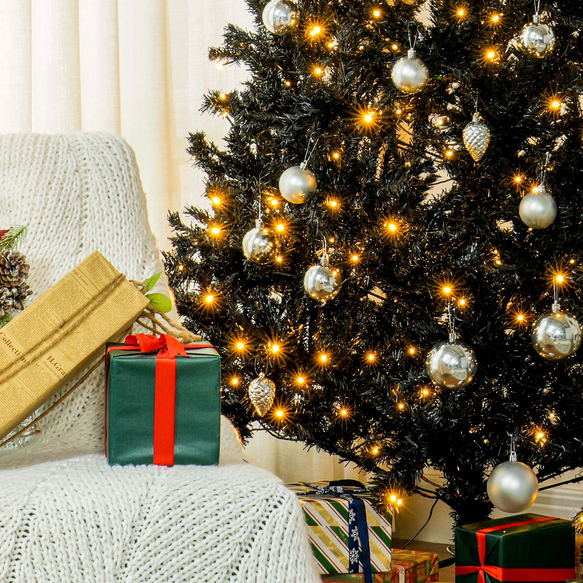 7.5 ft Pre-Lit Artificial Christmas Tree with 500 Warm White LED Lights, 1346 Tips, Black