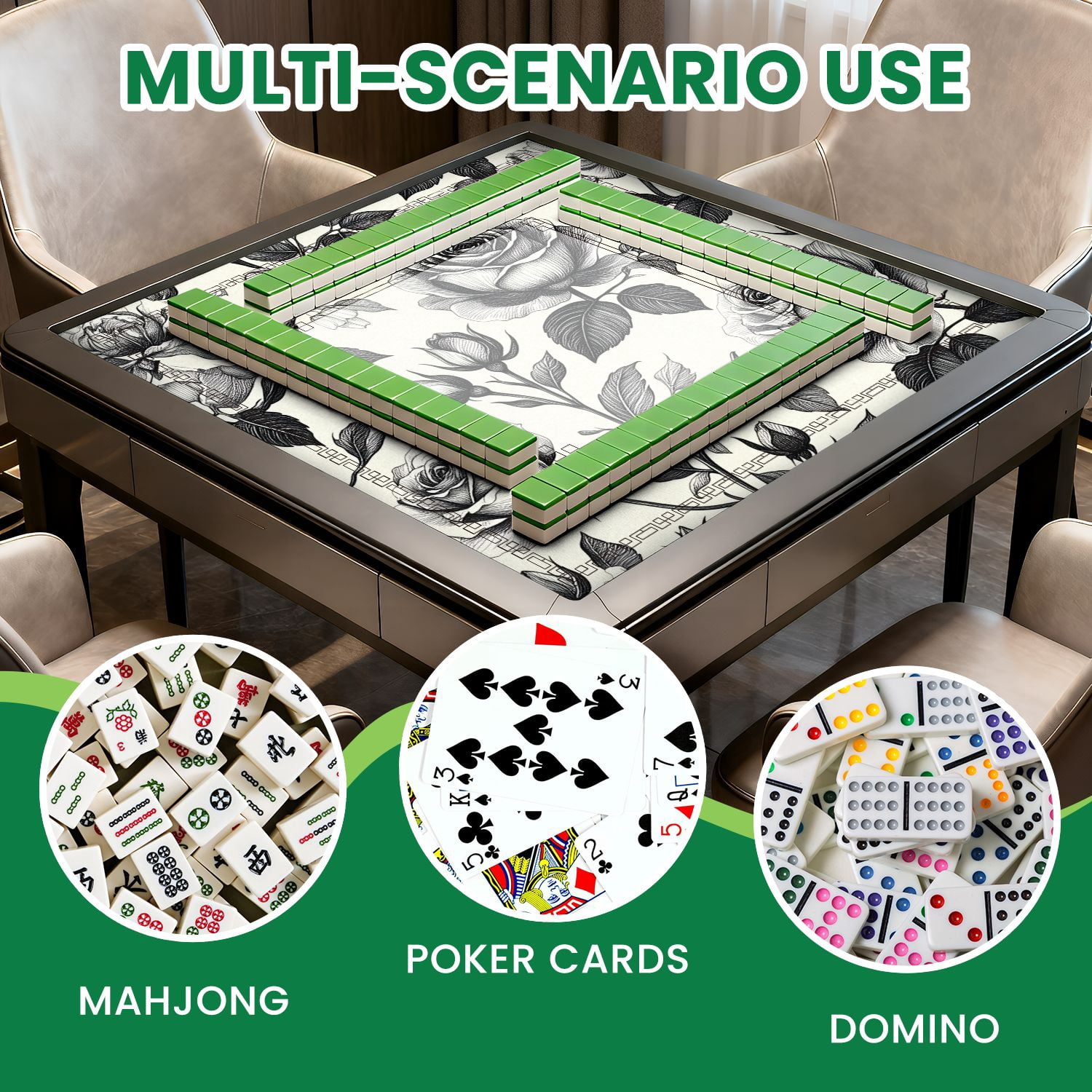 Mahjong Mat 31.5" x 31.5" Vintage seamless Floral black white Garden Non-Slip Noise Reduction American Mahjong Tiles Table Cover for Dominoes Poker Card Board Games Gift