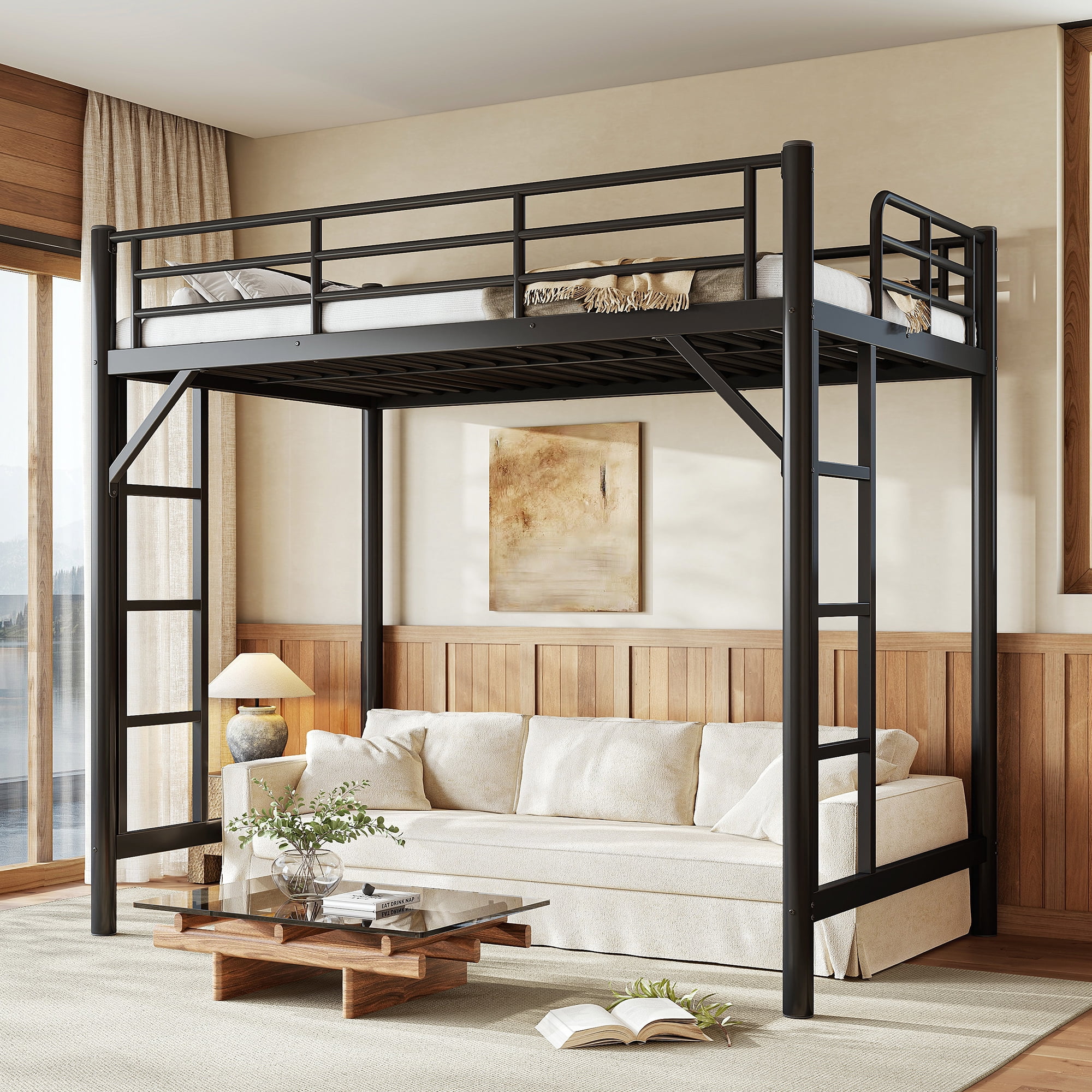 Leumius Twin Size Metal Loft Bed,Heavy Duty Metal Bed Frame with 2 Ladders and Full-Length Guardrail,Sturdy Steel Slats Support,