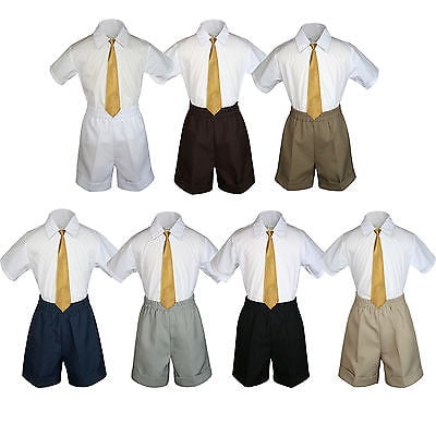 

3pc Set Boy Toddler Formal Party Gold Necktie White Black Khaki Shorts S-4T