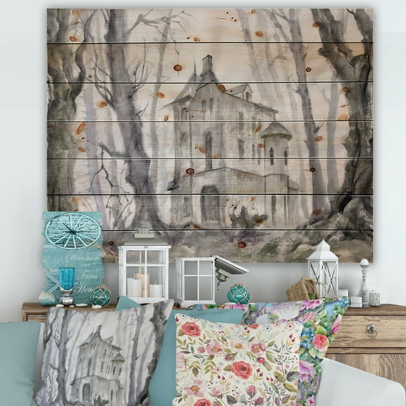 Designart 'Old Haunted Castle In The Woods' Traditional Print on Natural Pine Wood