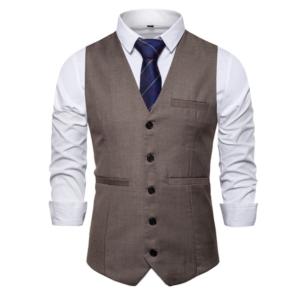 Chaqueta de Traje de Ocio de Bolsillo sin Cuello en V de Color Sólido sin Mangas, Trajes de Hombre de Ajuste Delgado para el Uso Formal Informal
