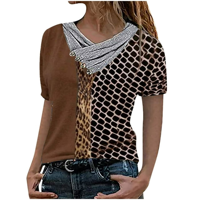Pompotops Femmes Casual Tops Croix V-Cou Boutons Impression Manches Courtes Chandails Blouse