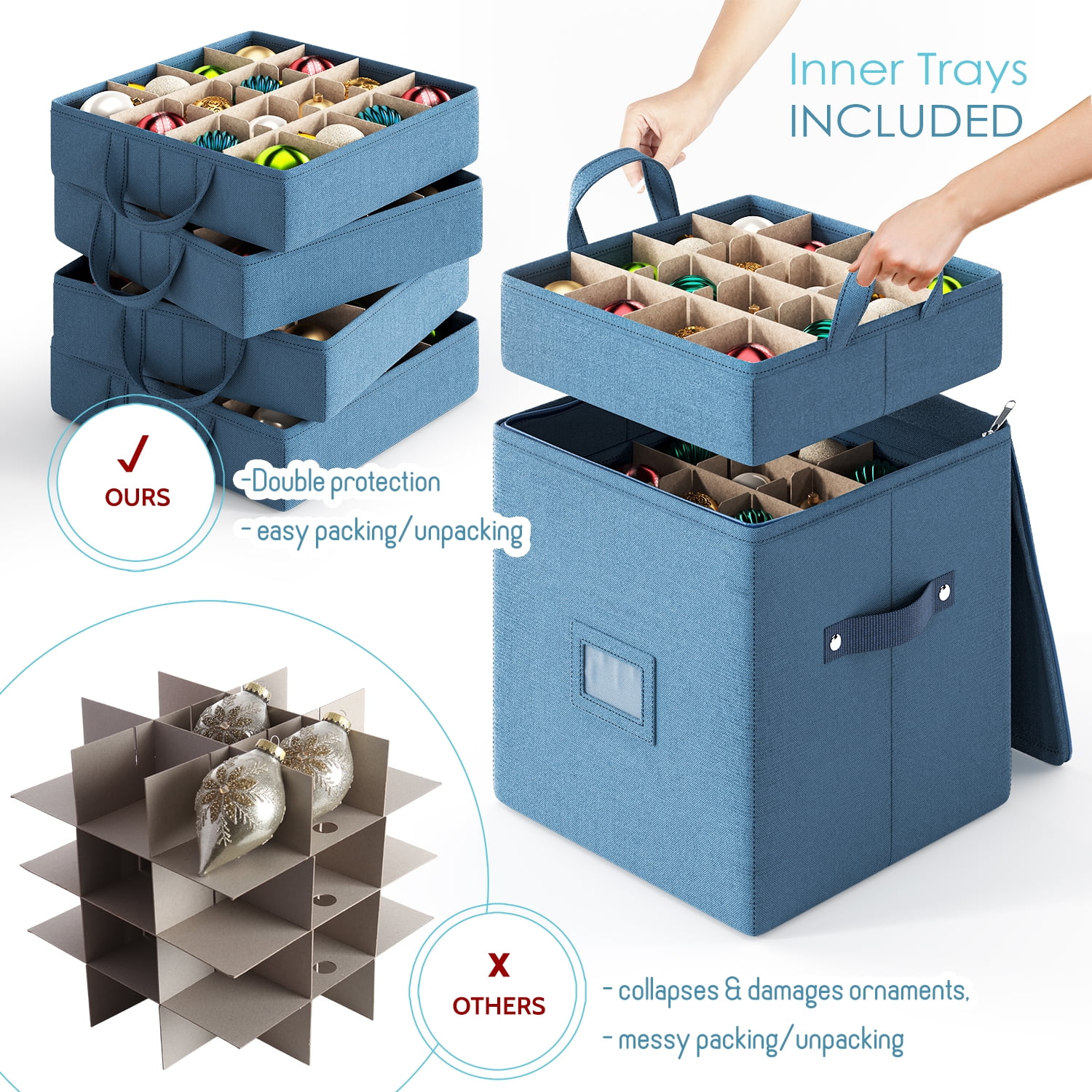 LammaLoe Ornament Storage Box, 64-Count Christmas Ornament Storage Containers, Foldable Holiday Ornament Organizer with Handles, Fabric