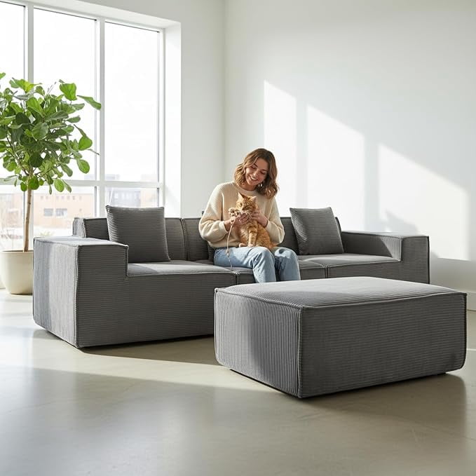 US Pride Corduroy Sectional Couch with Ottoman & Pillows