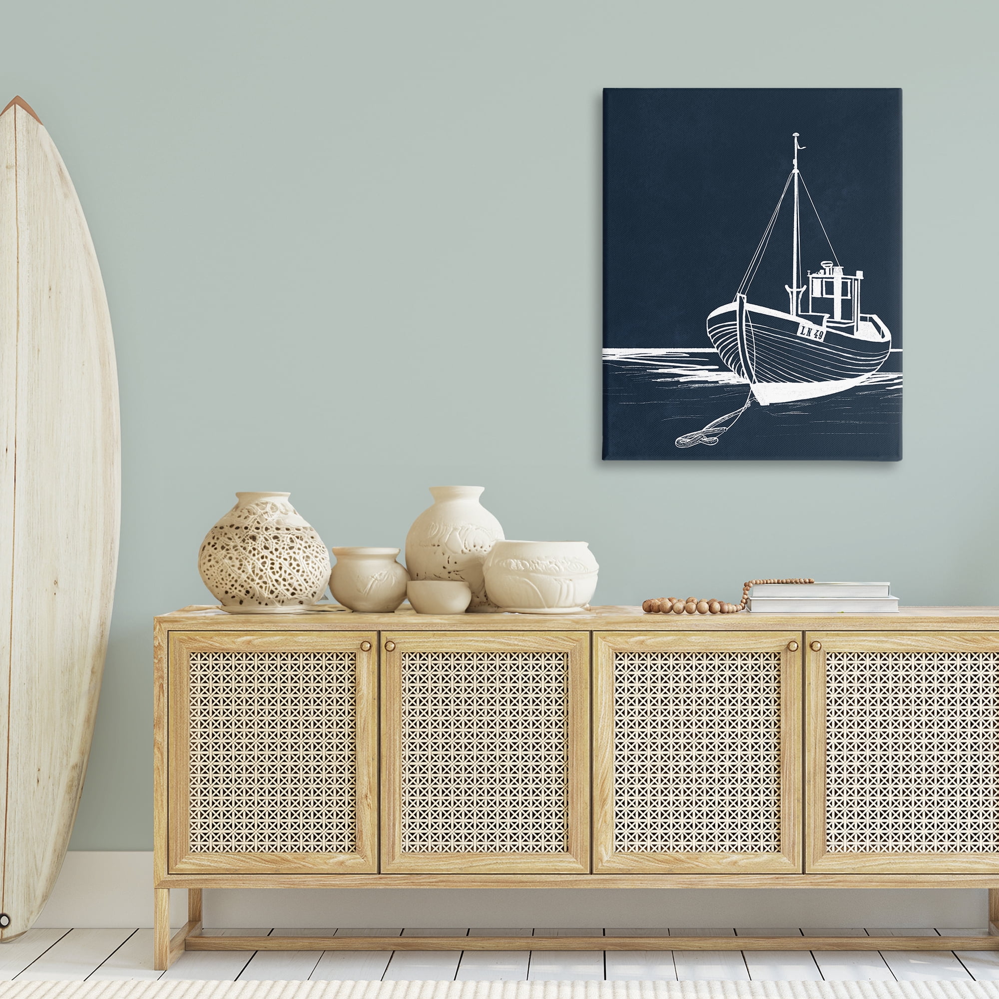 Stupell Industries White Outline Sailboat Transportation Painting Wrapped Canvas Art Print Wall Art, 30 x 40