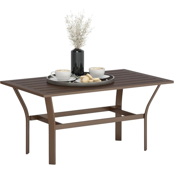 Outdoor Coffee Table, All-Weather Rectangle Metal Patio Coffee Table with Slatted Tabletop for Outside, Patio, Garden, Balcony, Backyard, Brown