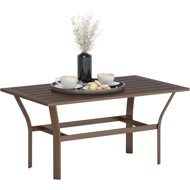 QueipA Outdoor Coffee Table, All-Weather Rectangle Metal Patio Coffee Table with Slatted Tabletop for Outside, Patio, Garden, Balcony, Backyard, Brown