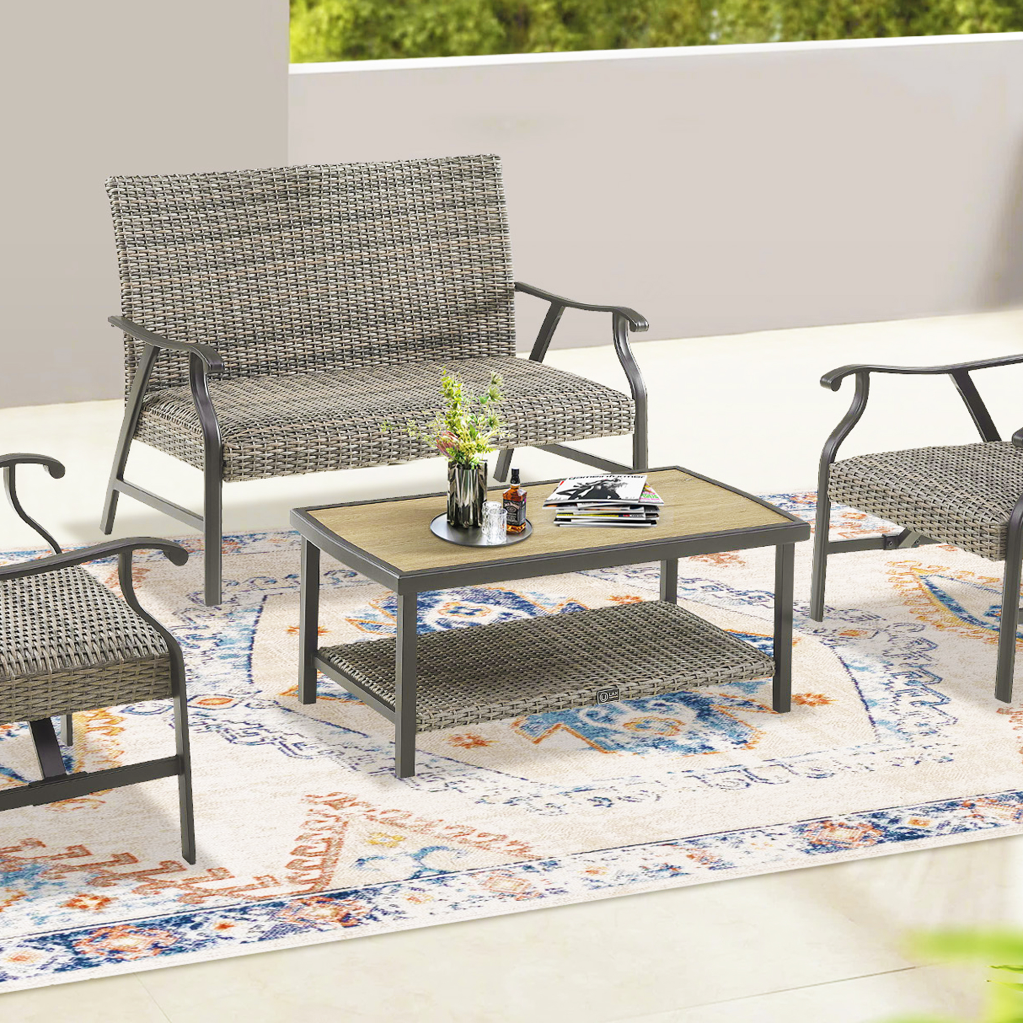 Iwicker Outdoor Wicker Coffee Table, 2-Tier Storage Shelf Rectangle Table for Patio, Brown