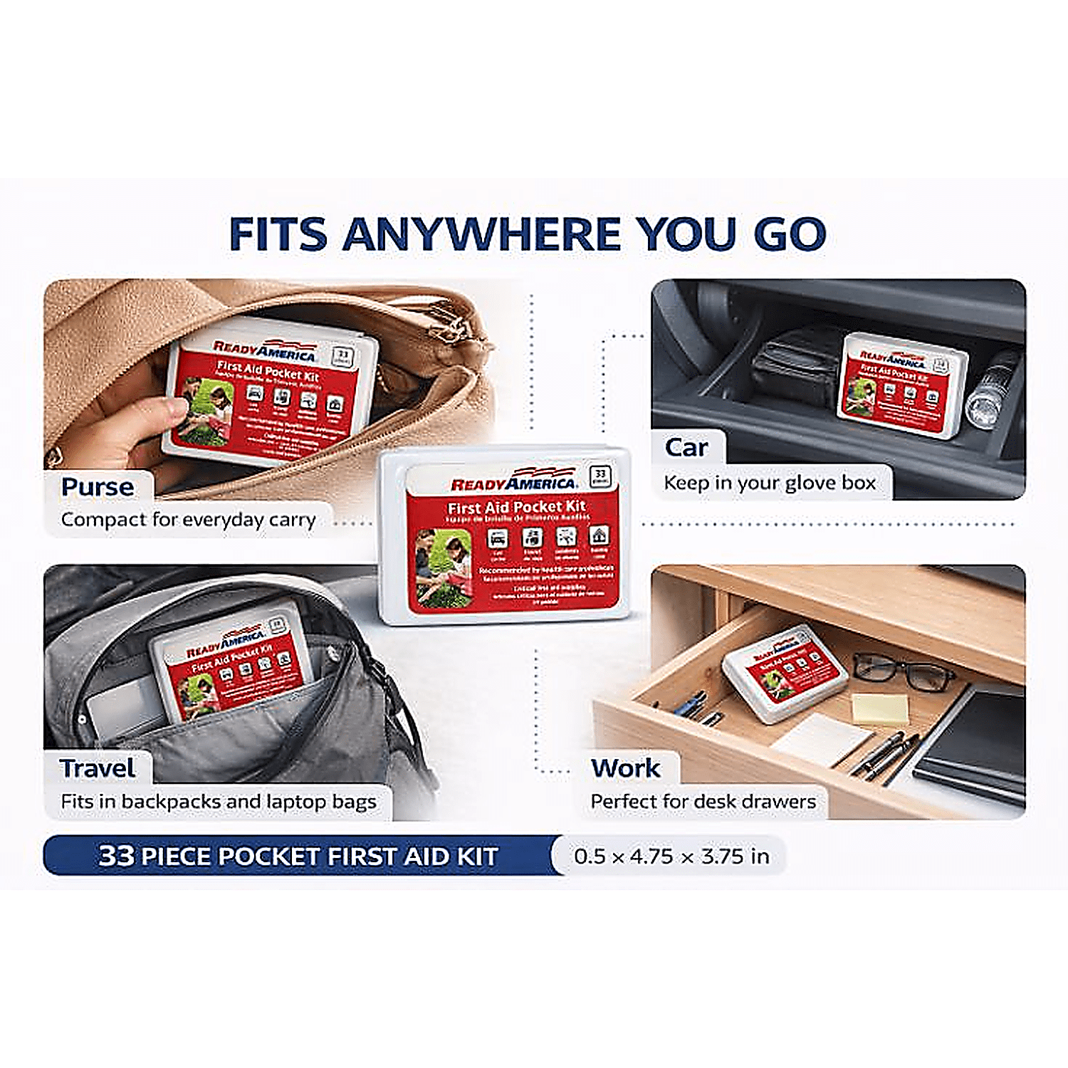 (4 pack) 33 Piece First Aid Pocket Kit, Ready America, approximate kit dimensions: 3.75 in. x 4.75 in. x .50 in.