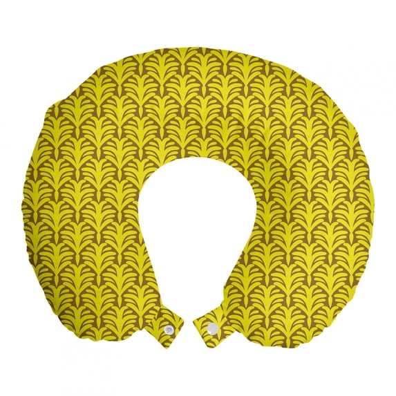 Abstract Travel Pillow Neck Rest, Creative Bicolour Design Style Leaf and Bush Inspired Motif Pattern, Memory Foam Traveling Accessory Airplane and Car, 12", Pale Coffee Yellow, by Ambesonne