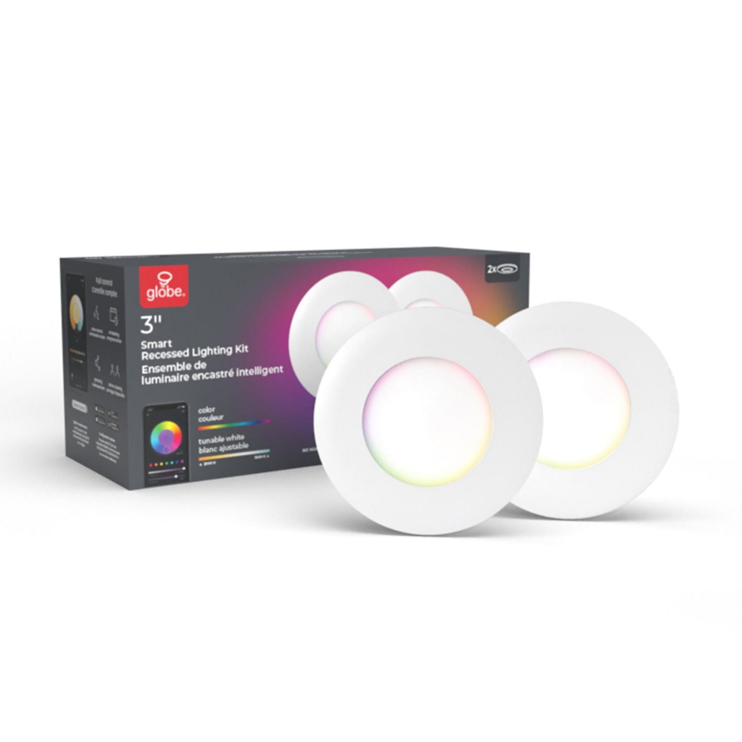 Wi-Fi Smart 3" Ultra Slim LED Recessed Lighting Kit 2-Pack, No Hub Required, Voice Activated, 7 Watts, Multicolor Changing RGB, Tunable White 2000K - 5000K, 390 Lumens, Wet Rated, 3.25" Hole Size