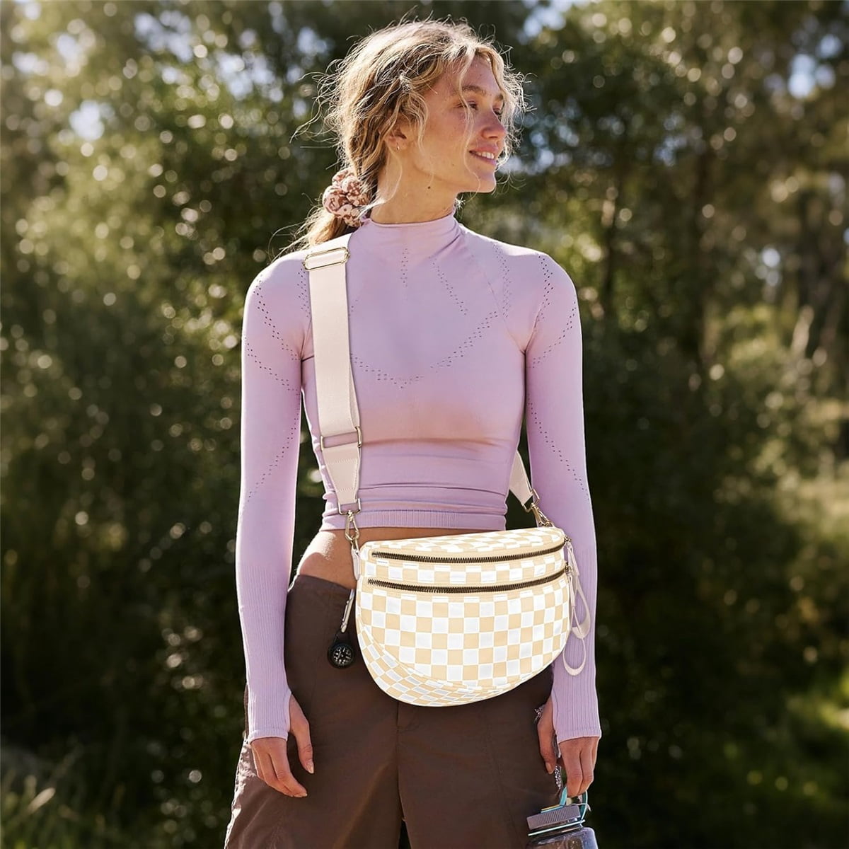 Luxury Checkered Crossbody Bag,Spacious Bum Bags for Women Nylon Crossbody Fanny Packs Checkered Purse Belt Wallet